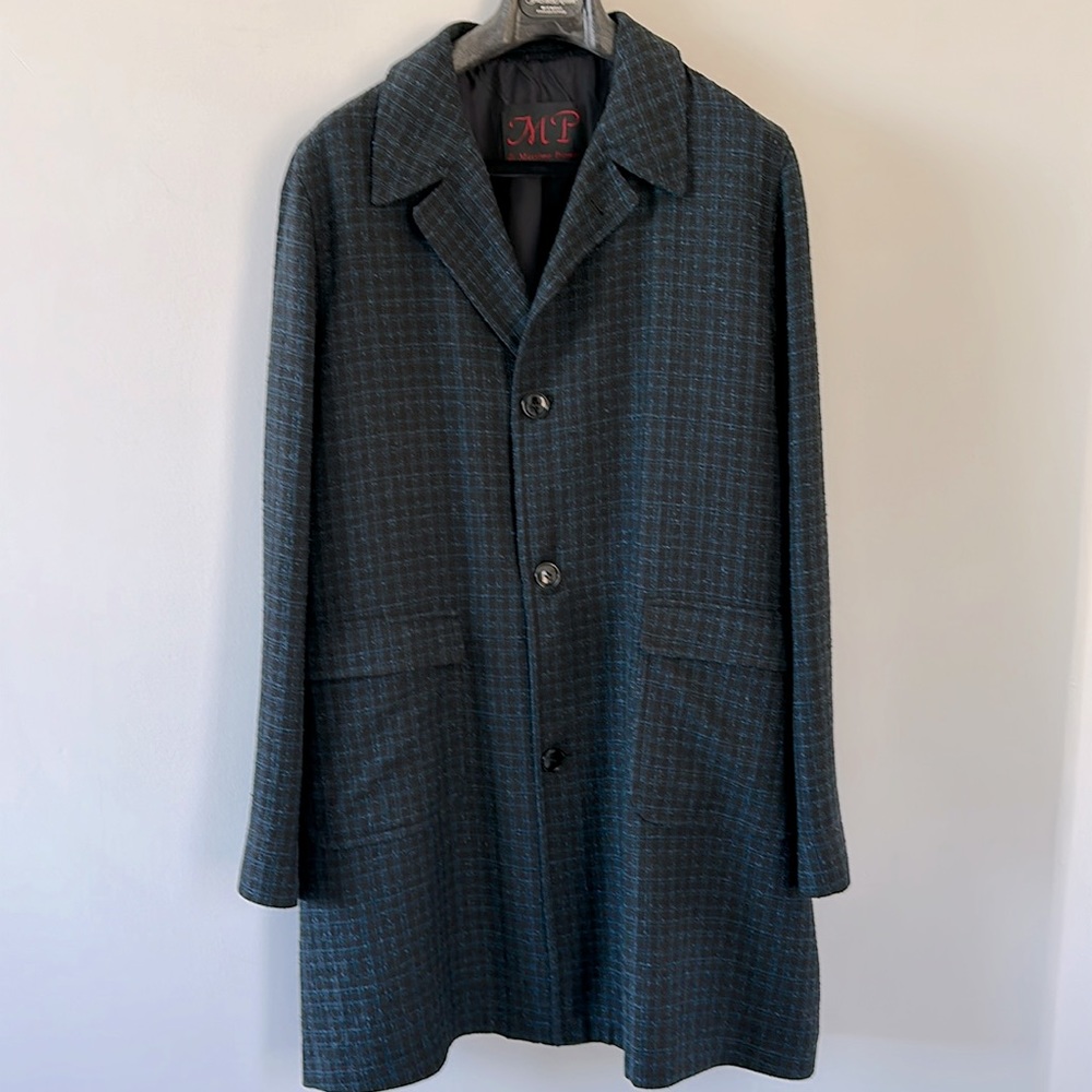 Massimo Piombo Single Breasted Linen Blend Navy Checkered Coat Size 54